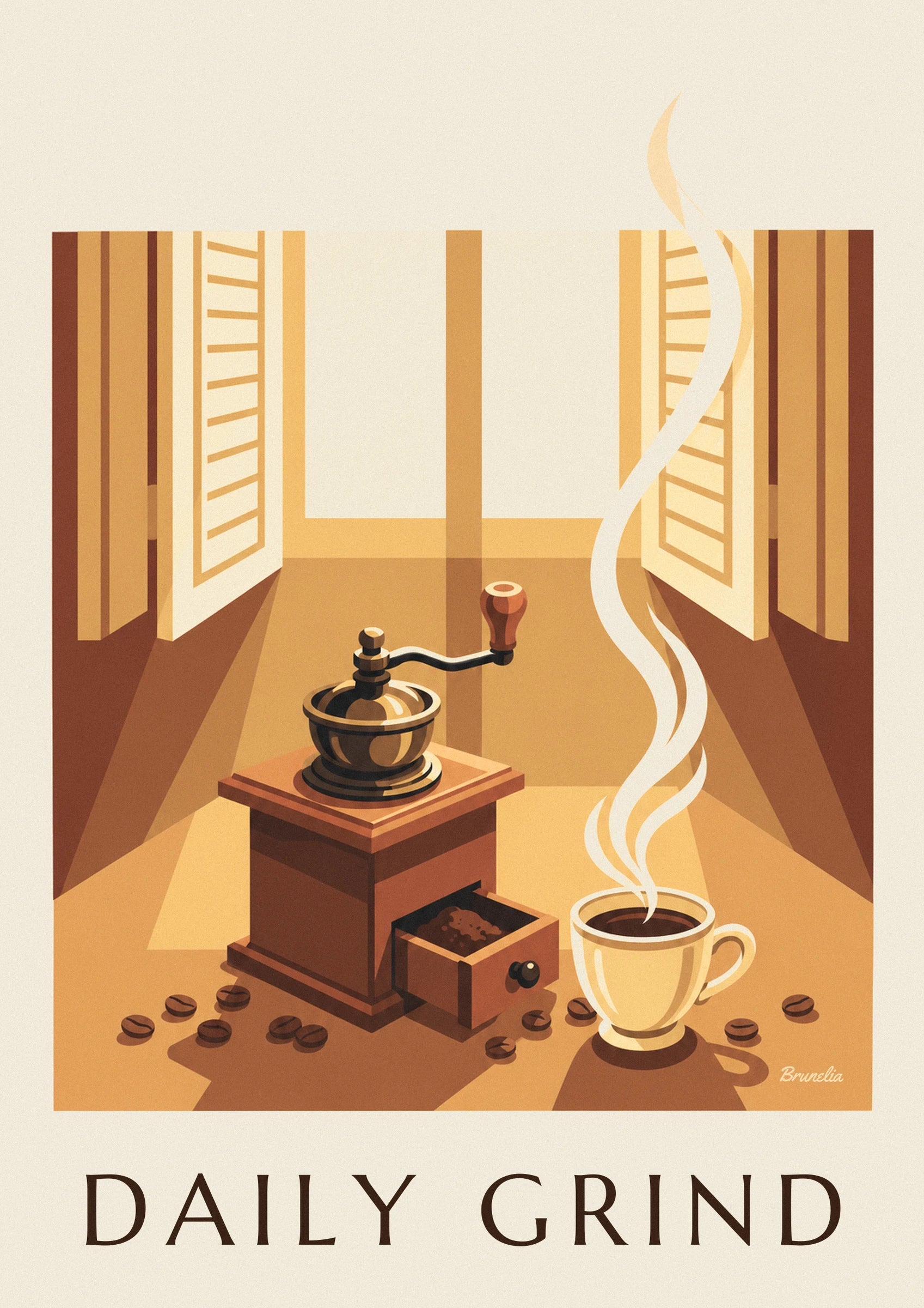 Poster Holz-Kaffeemühle und Kaffeebohnen: Detail in Nahaufnahme
