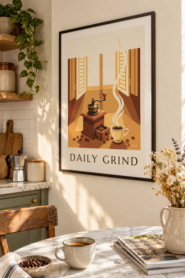Poster houten koffiemolen en koffiebonen: ingelijst aan de muur