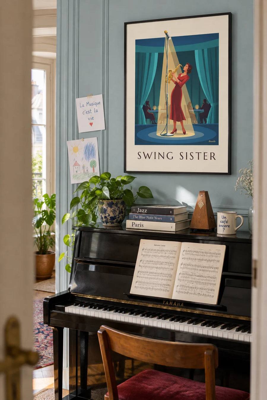 Poster of a woman saxophonist and microphone in a jazz club: framed on the wall