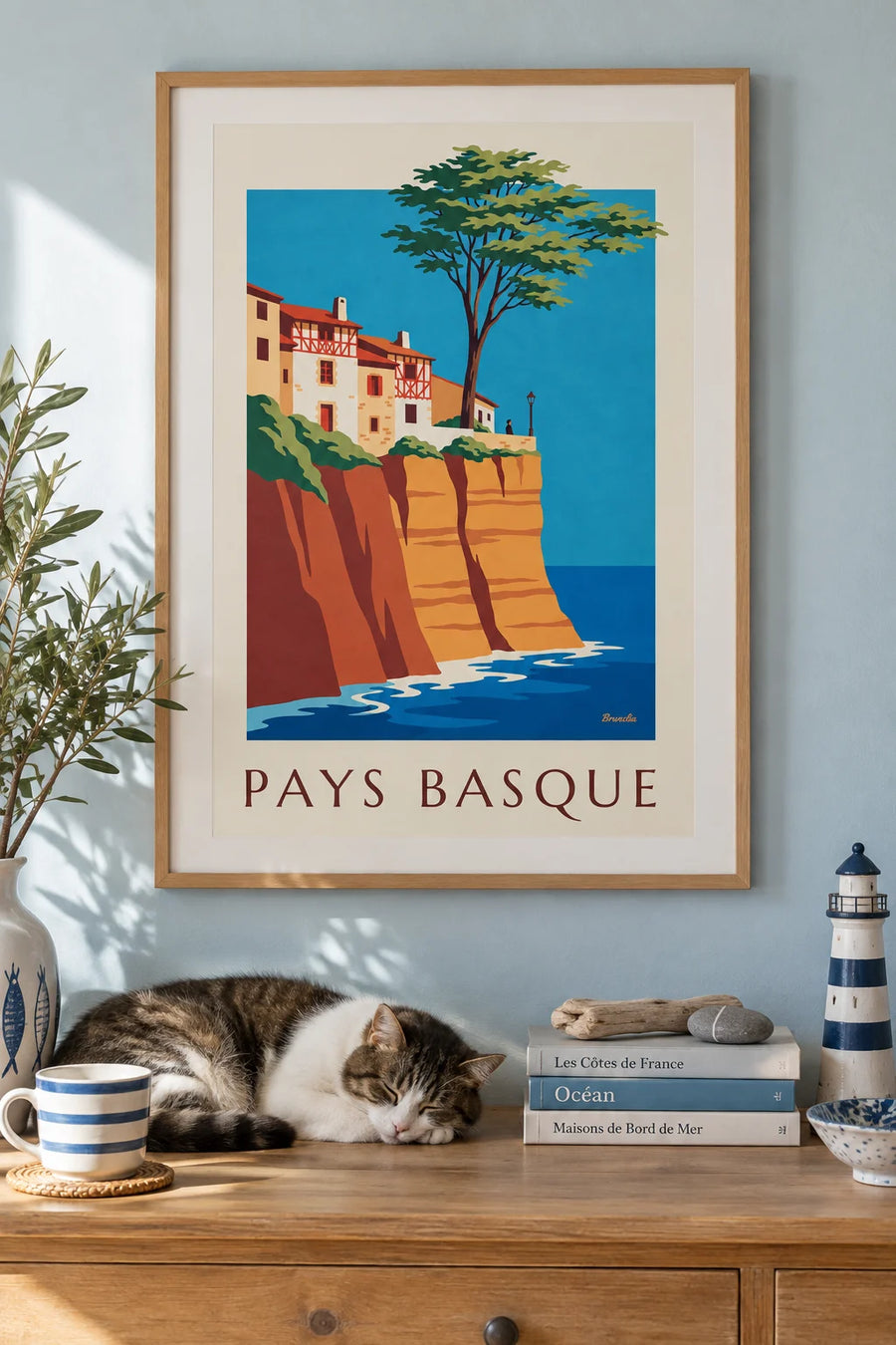 Poster of Basque houses and red cliffs on the coast: framed on the wall