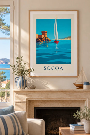 Poster zeilboot voor het fort van Socoa in Saint-Jean-de-Luz : ingelijst aan de muur