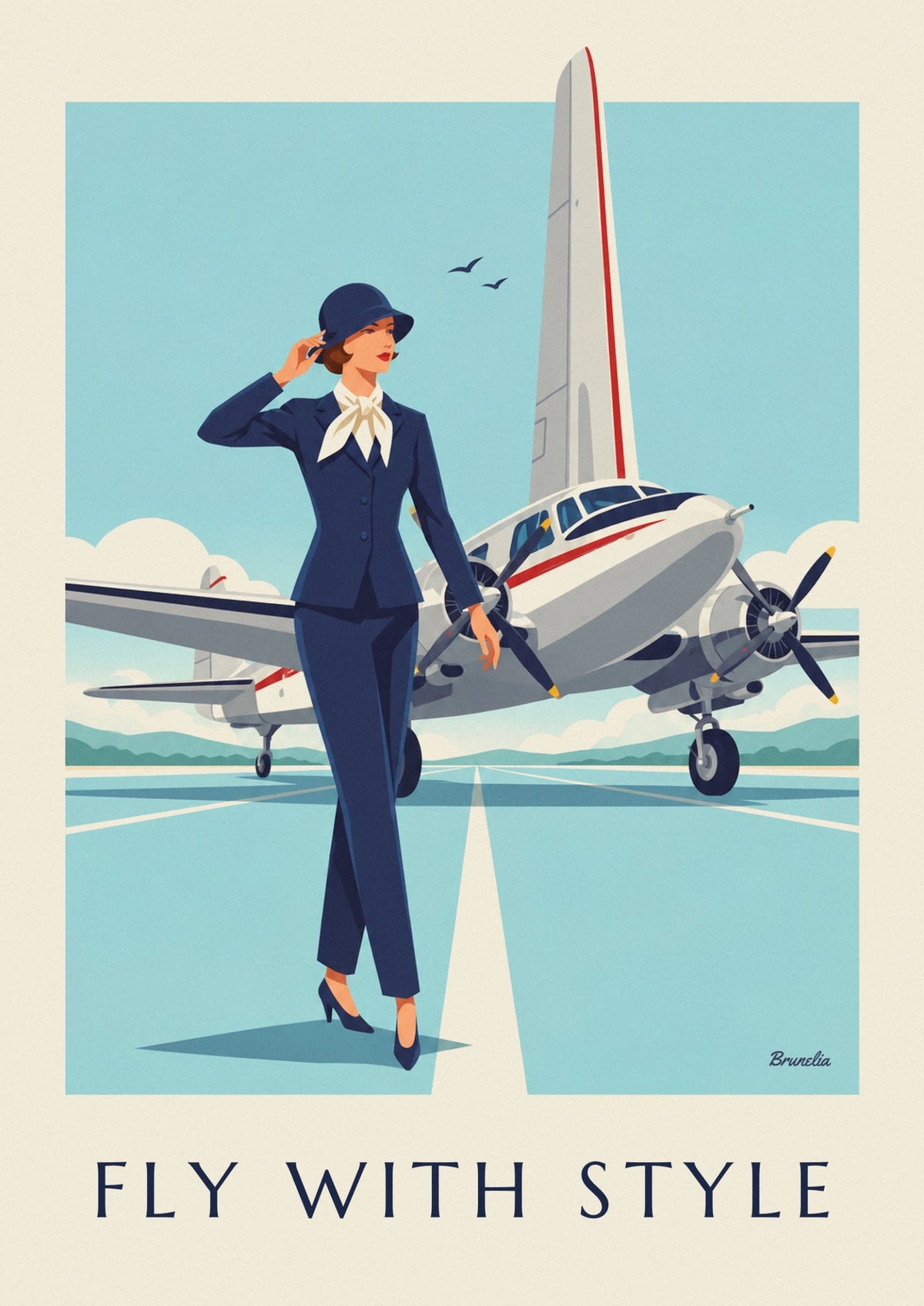 Elegant woman in front of a twin-engine propeller plane poster