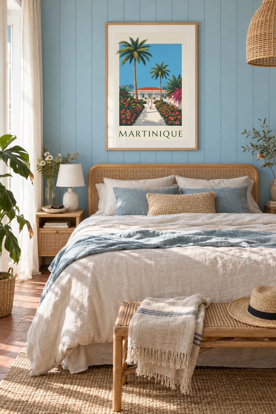 Affiche allée de palmiers et maison créole en Martinique : encadrée au mur