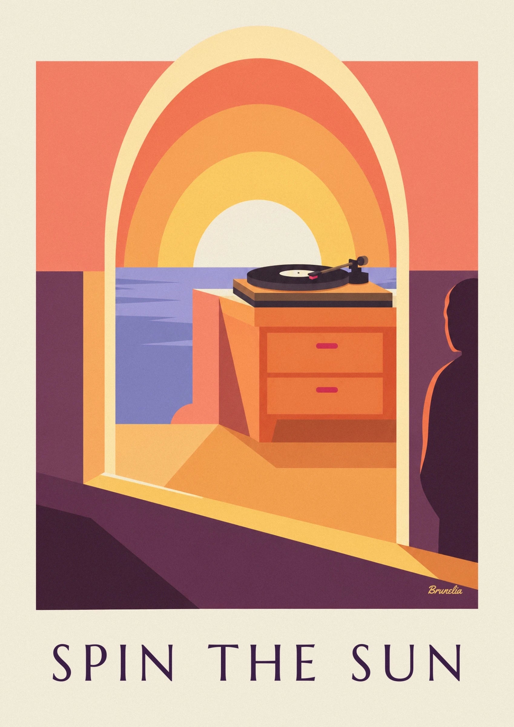 The record player and its black record on an orange cabinet, in front of the setting sun