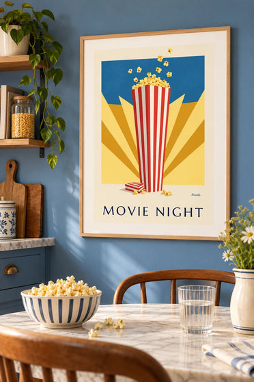 Poster bioscooppopcorn voor zonnestralen: ingelijst aan de muur