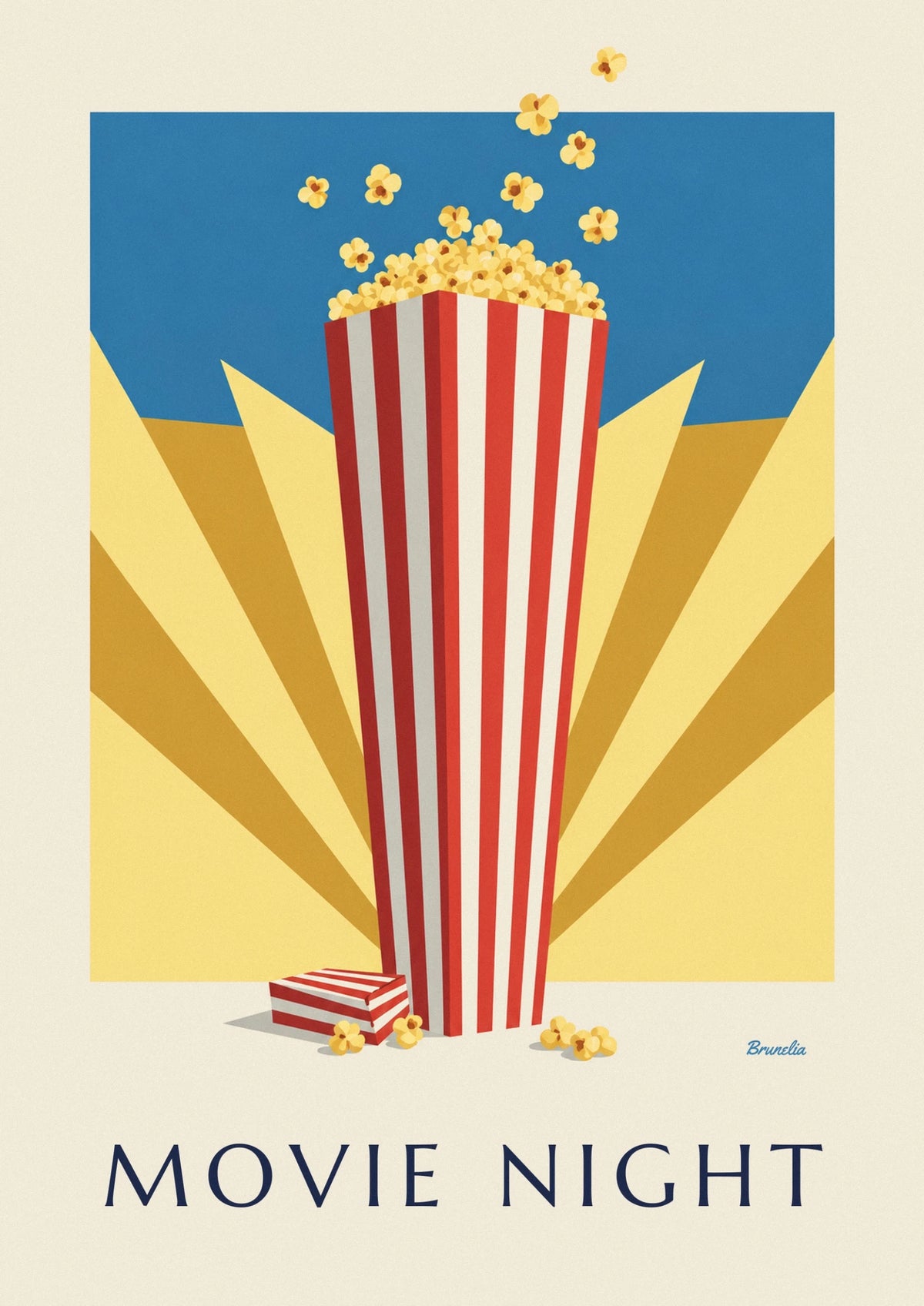 Affiche pop-corn de cinéma sur fond de rayons de soleil