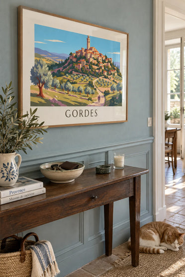Poster Bergdorf Gordes mit Olivenbäumen im Luberon: gerahmt an der Wand