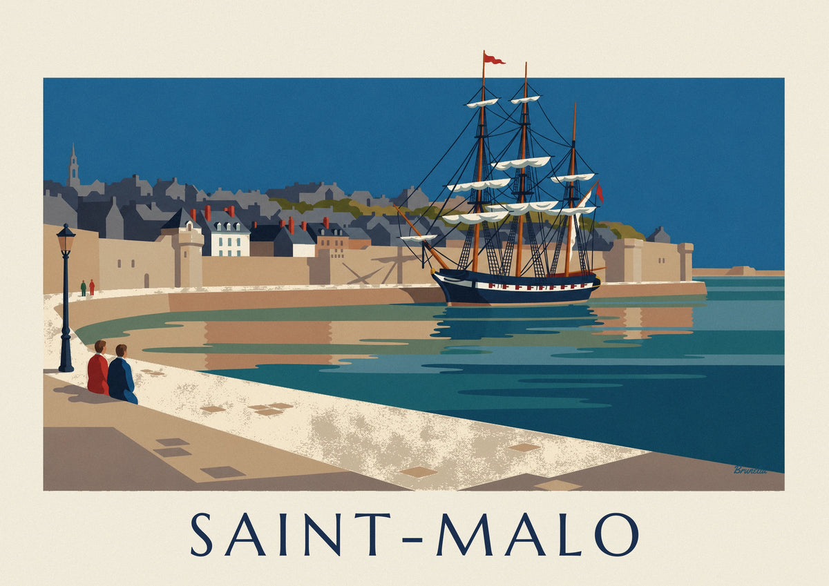 Affiche trois-mâts amarré au pied des remparts de Saint-Malo