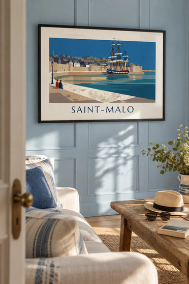Affiche trois-mâts amarré au pied des remparts de Saint-Malo : encadrée au mur