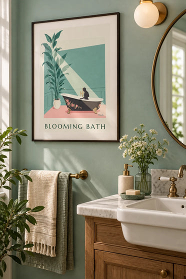 Poster van een bloemrijk bad tegen een groene muur en een roze vloer: ingelijst aan de muur