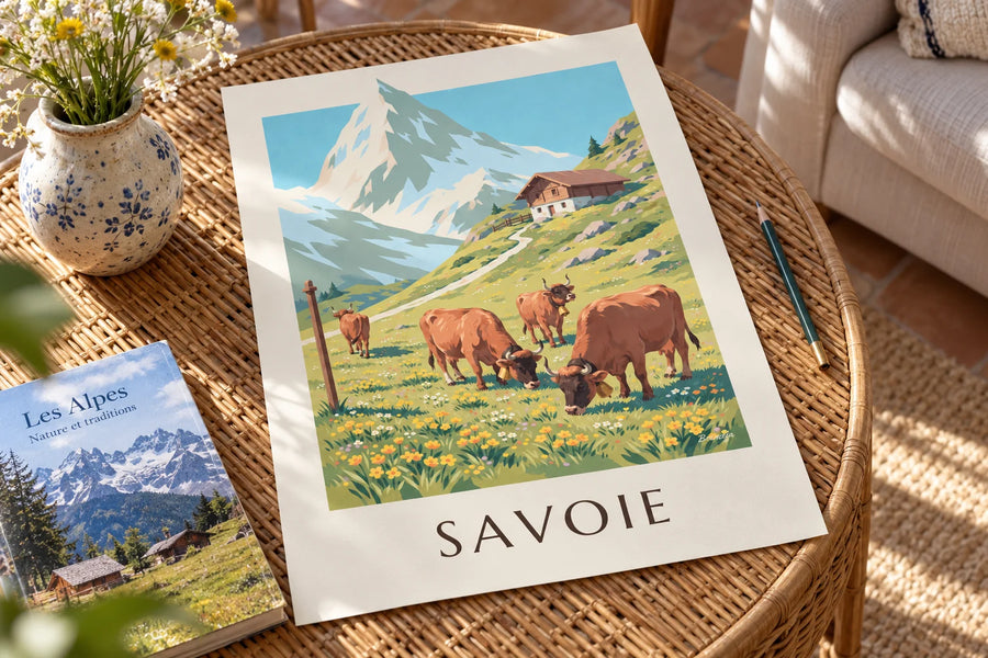 Poster Tarentaise-Kühe auf den Almen Savoyens: auf einem Tisch