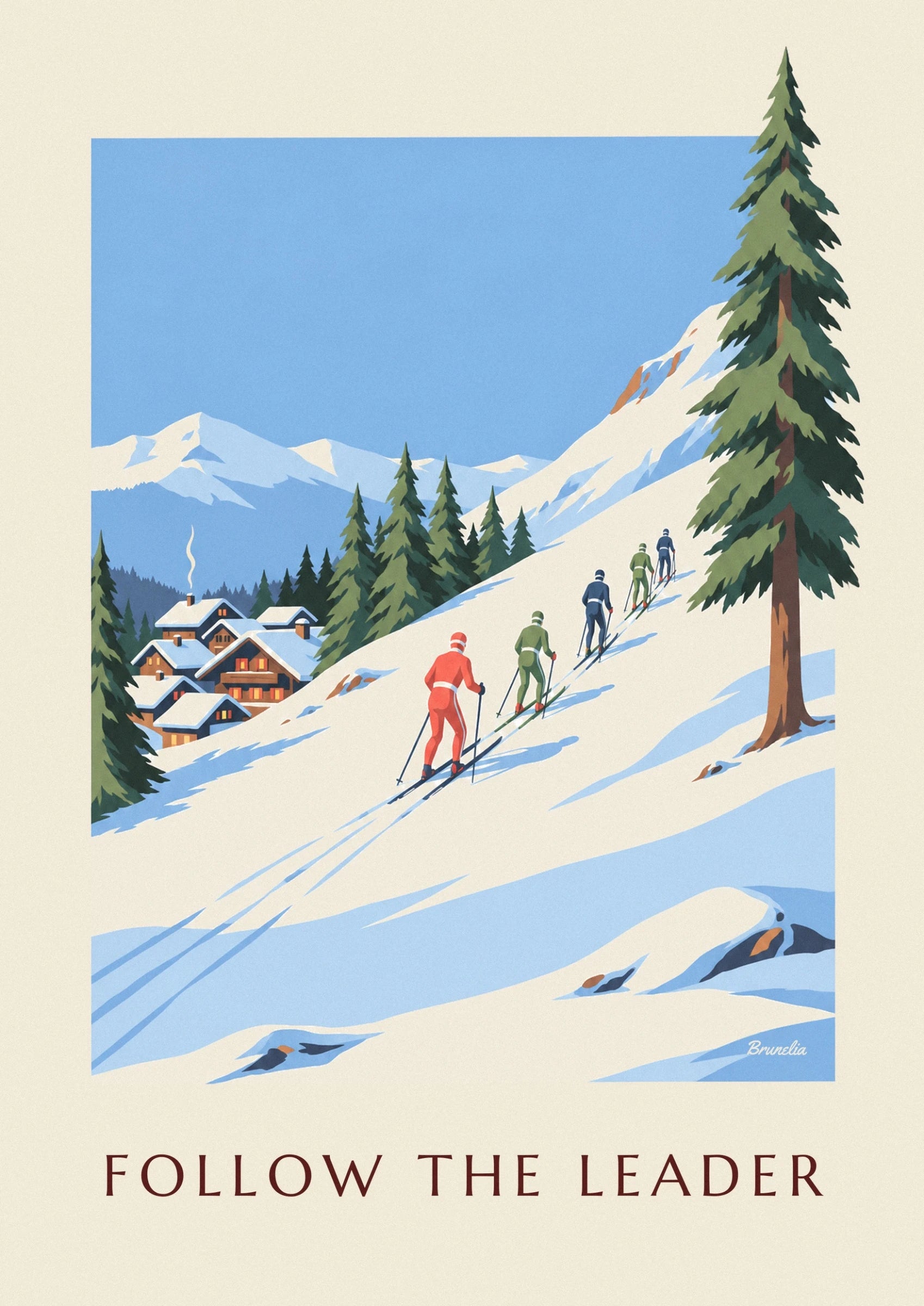 Le moniteur en tenue rouge et un élève en vert, skis et bâtons sur la neige