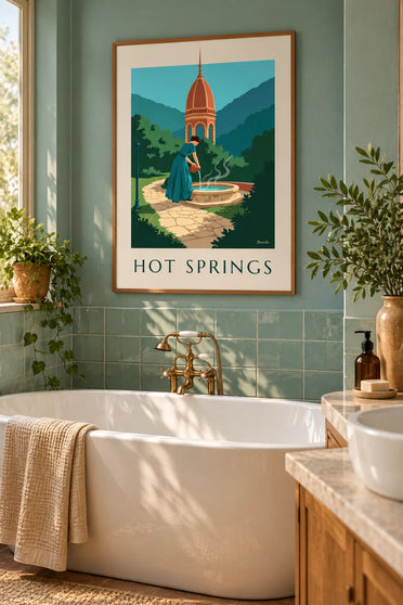 Poster vrouw die water uit een warme bron schenkt onder een kiosk: ingelijst aan de muur