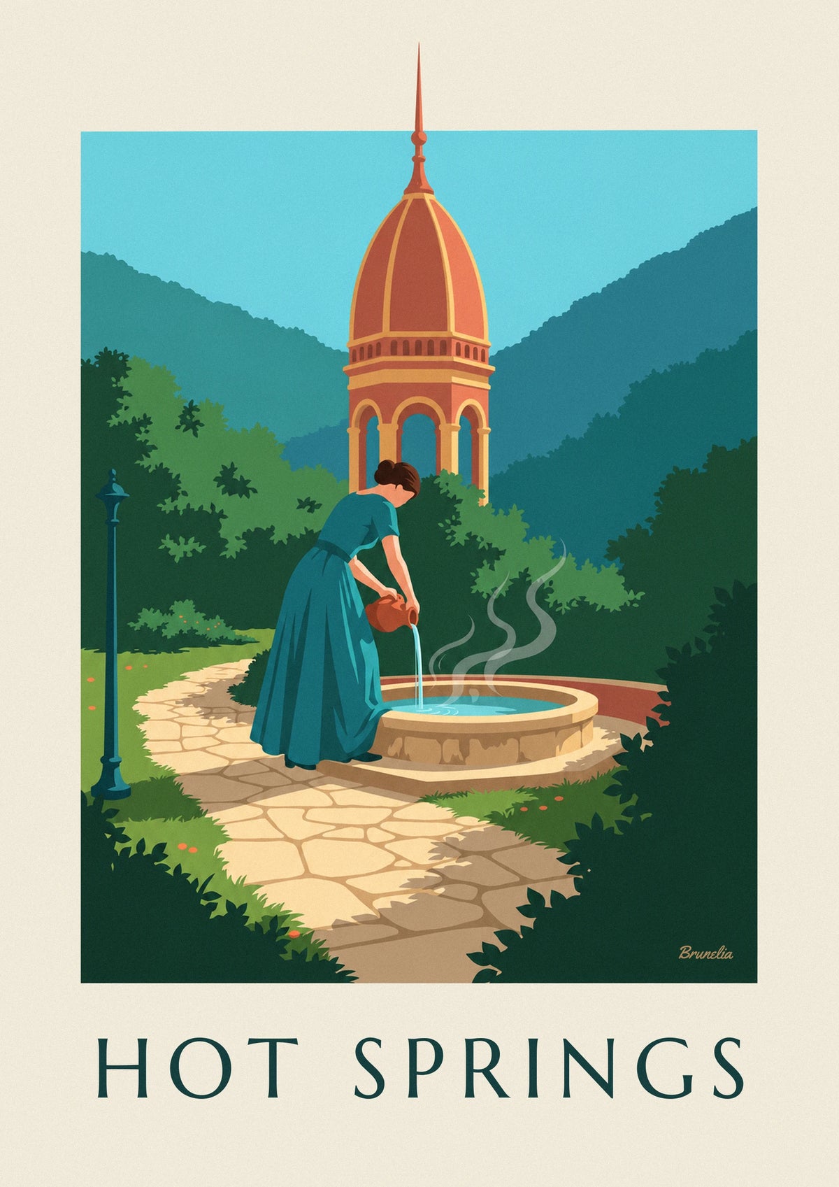 Woman pouring hot spring water under a pavilion poster