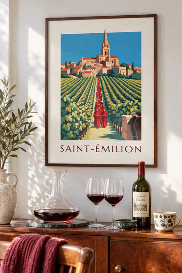 Poster of Saint-Émilion vineyards and village seen from a cellar: framed on the wall