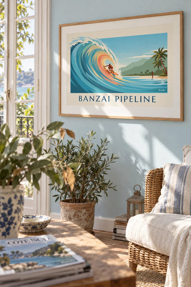 Poster surfer bij Banzai Pipeline aan de noordkust van Oahu: ingelijst aan de muur