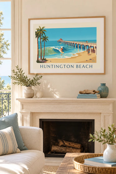 Poster Surfer unter dem Pier von Huntington Beach in Kalifornien: gerahmt an der Wand