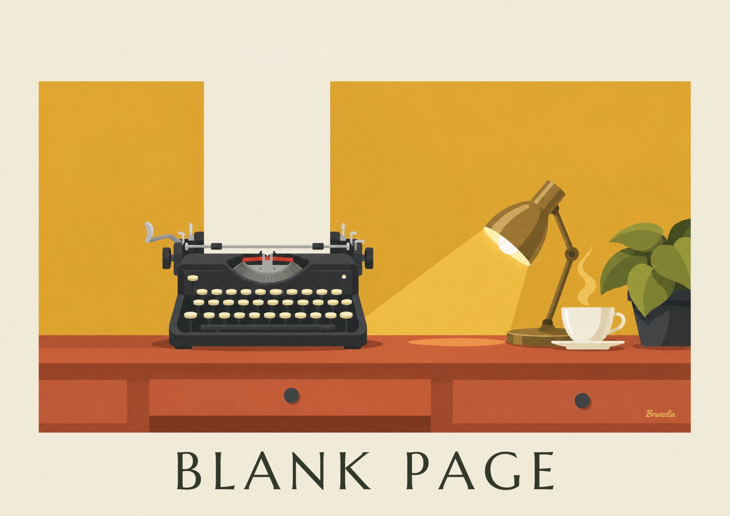 The black typewriter with cream keys and its white sheet of paper on the desk