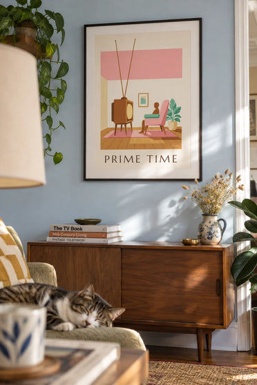 Poster van een houten buizentelevisie in een pastelkleurige woonkamer: ingelijst aan de muur
