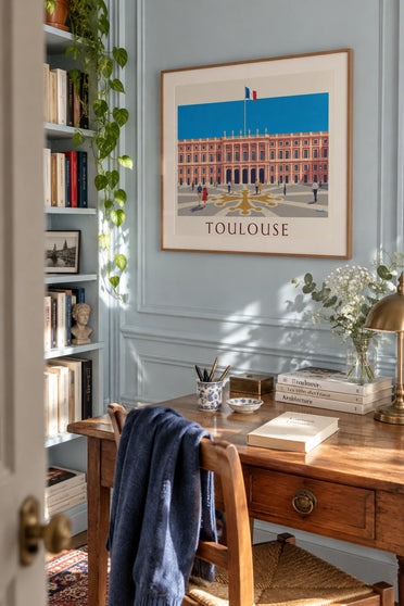 Poster Place du Capitole in Toulouse unter blauem Himmel: gerahmt an der Wand