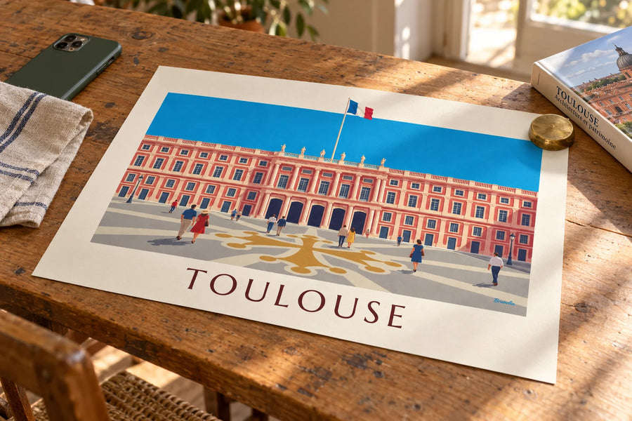 Affiche place du Capitole à Toulouse sous un ciel bleu : posée sur une table