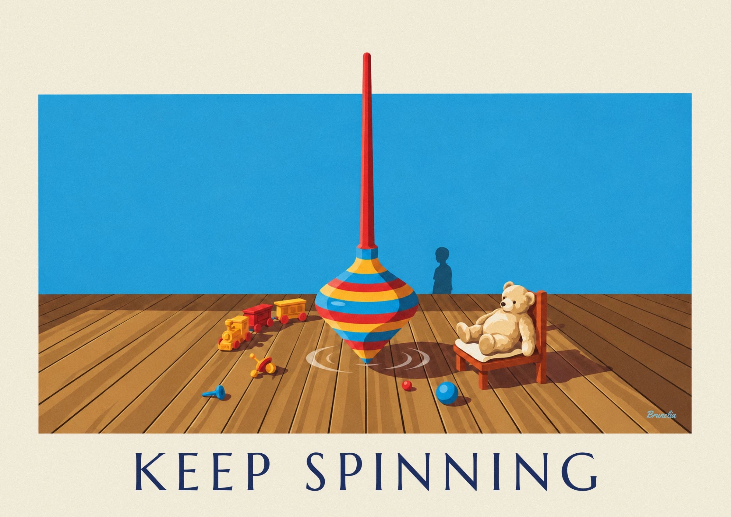 The spinning top with broad red, yellow and blue stripes on the wooden floor