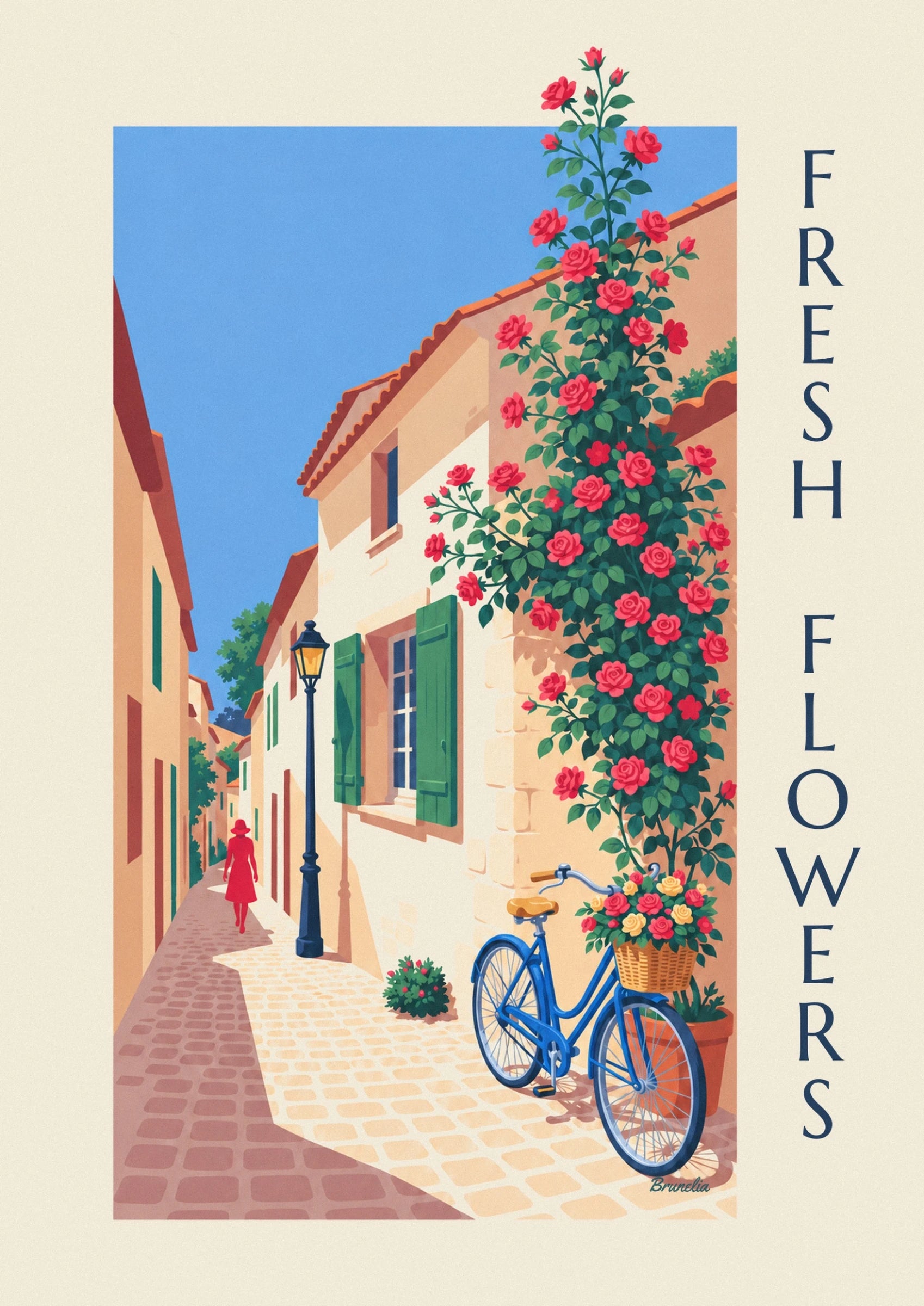 Das blaue Fahrrad mit einem Weidenkorb voller roter und gelber Rosen vor der Steinmauer