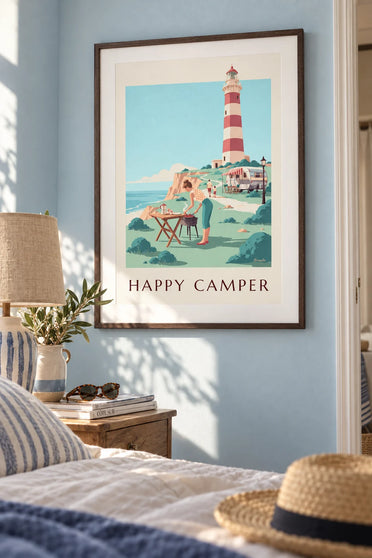 Pin-up poster at a campsite in front of her caravan by the sea: framed on the wall