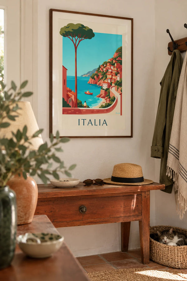 Affiche côte italienne, villages pastel sur les falaises
