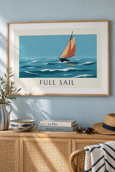 Affiche voilier traditionnel en bois toutes voiles dehors : encadrée au mur