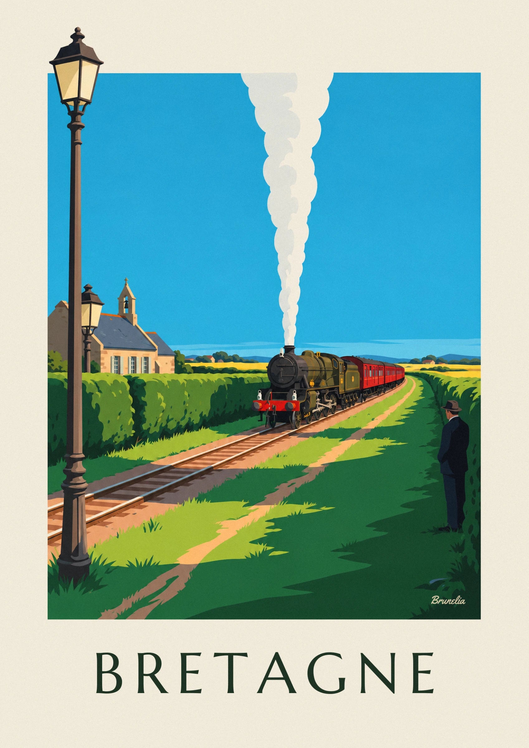 La locomotive à vapeur verte et ses wagons rouges, panache blanc dans le ciel bleu