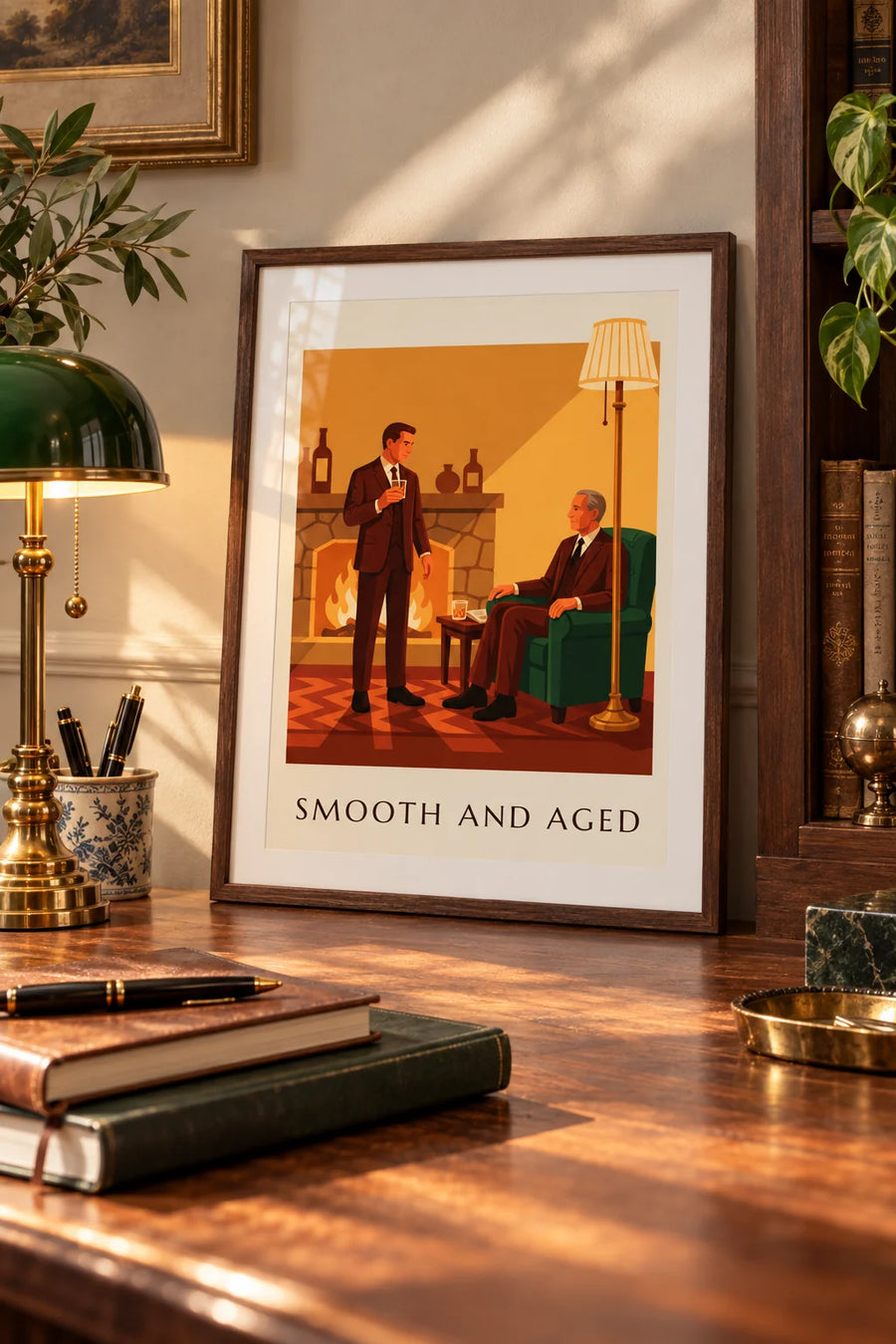 Poster Whisky, Mann im Anzug am Kamin: Kleinformat A4 gerahmt