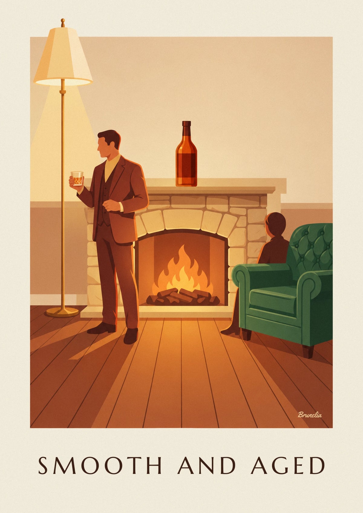 Man in a suit with whisky by the fireplace poster