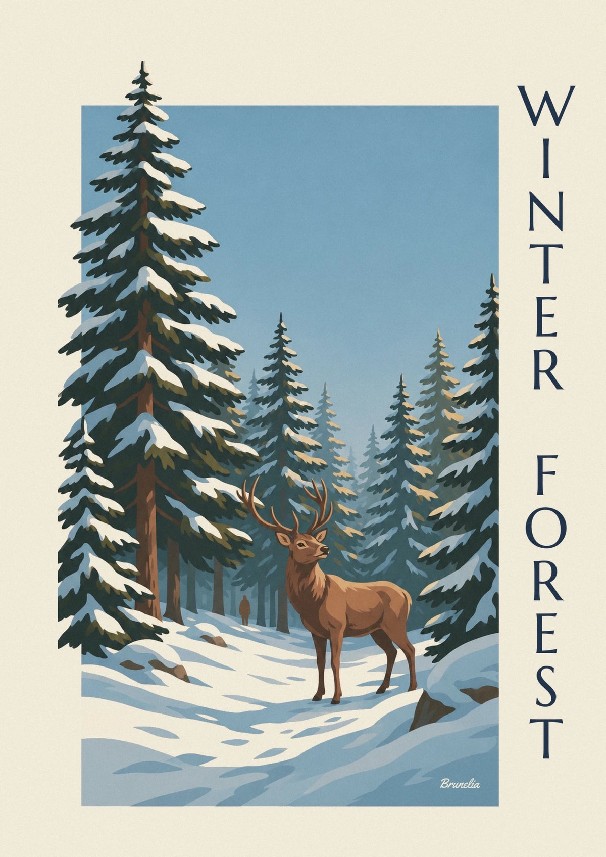 Affiche cerf dans une forêt de sapins enneigée